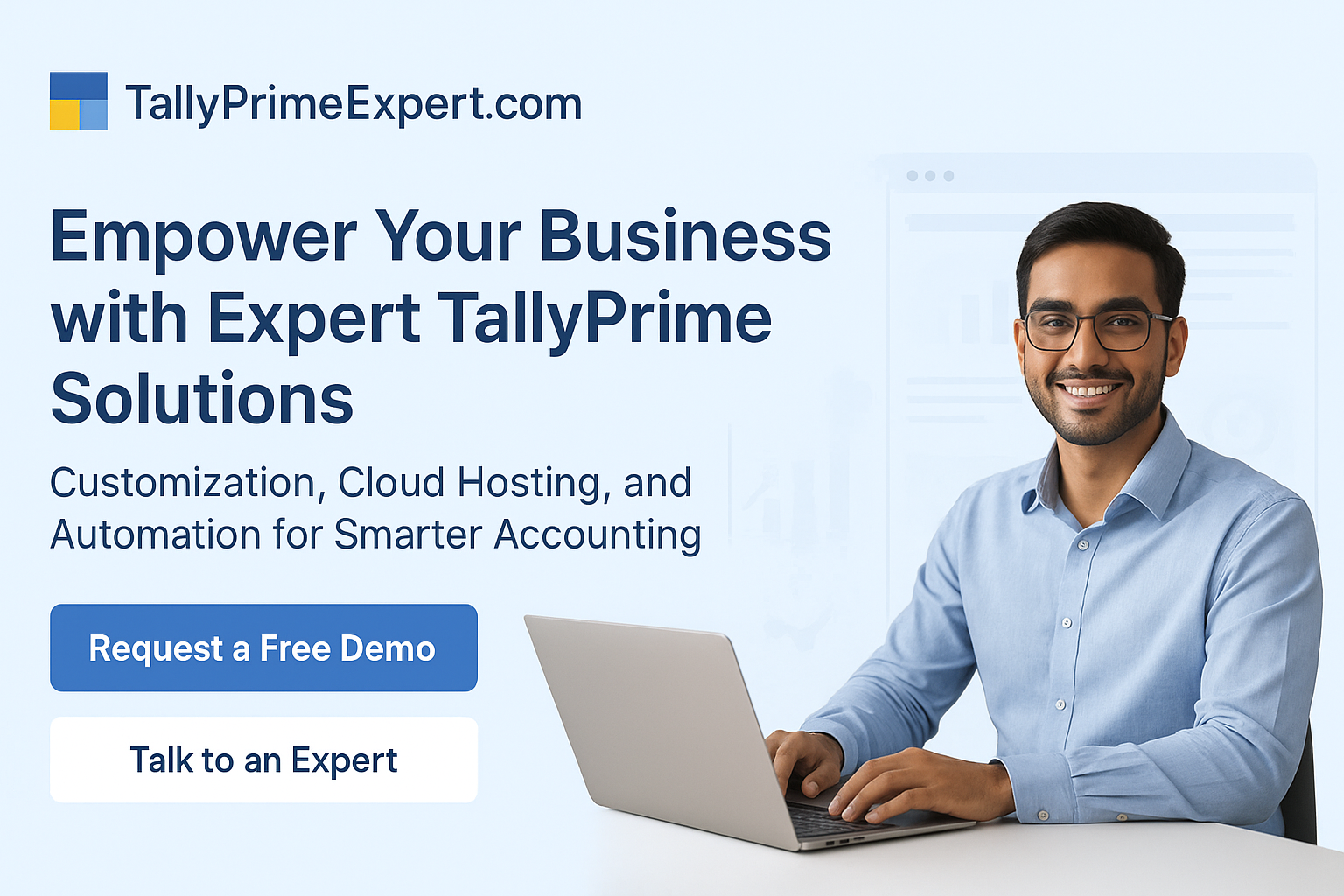 Tally Prime customization service dashboard showing tailored reports and automated accounting features for MSMEs